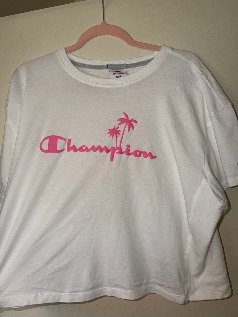 Champion Cropped White Tee with Pink Logo and Palm Graphic